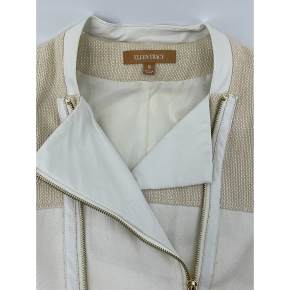 Ellen Tracy Off White Asymmetrical Zip Faux Leather Tweed Crop Jacket Size Med - Picture 8 of 16